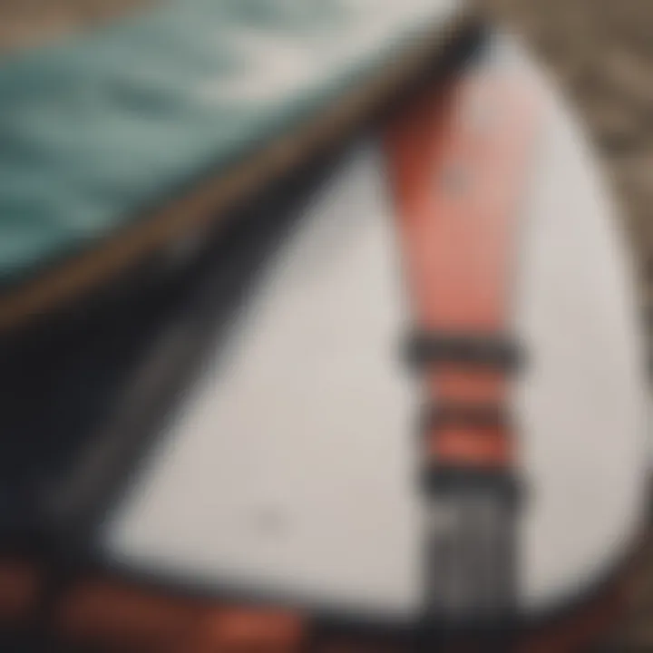 Close-up of a surfboard secured inside a padded boardbag.