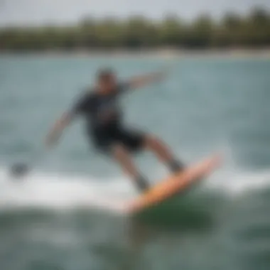 A Cabrinha board being used in action on the water.