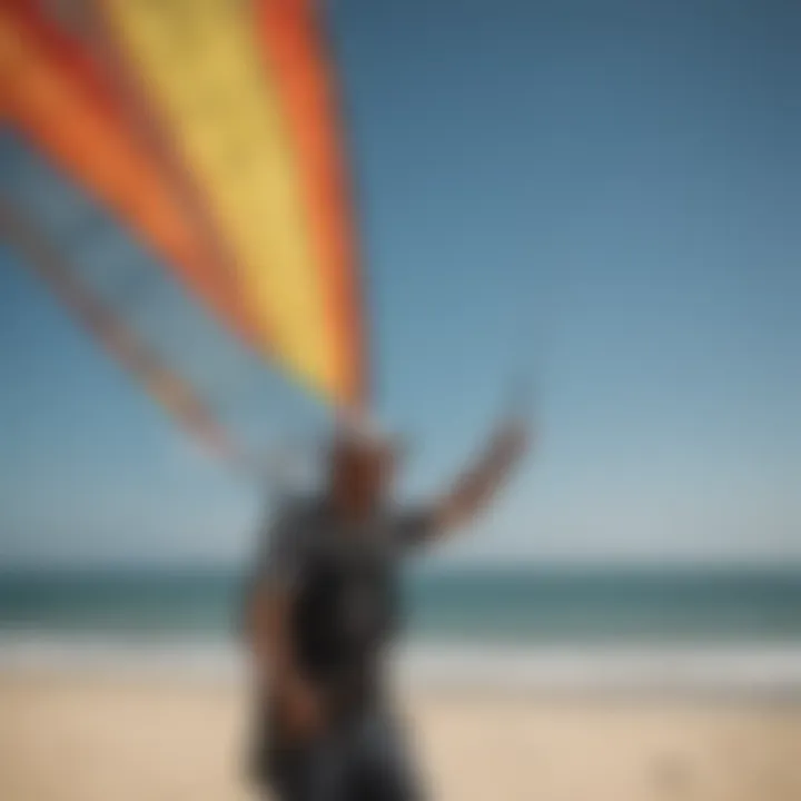 A kiteboarding enthusiast inspecting Cabrinha kite features