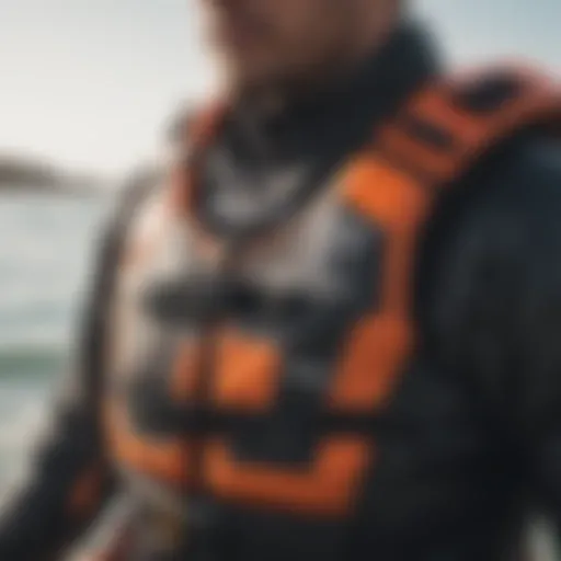 Close-up of a high-performance windsurfing life jacket showcasing its advanced safety features.