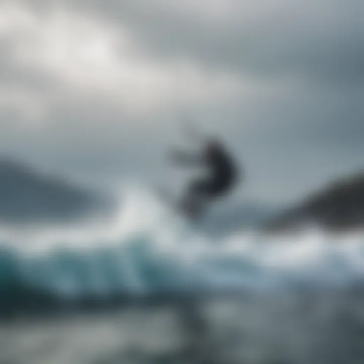 A kiteboarder performing tricks against a backdrop of icy waves, emphasizing performance