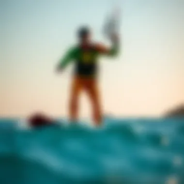 Kiteboarder showcasing a stunning colourful wetsuit on the water