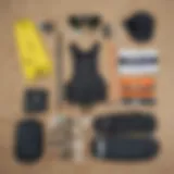 Kiteboarding gear essentials laid out on a beach