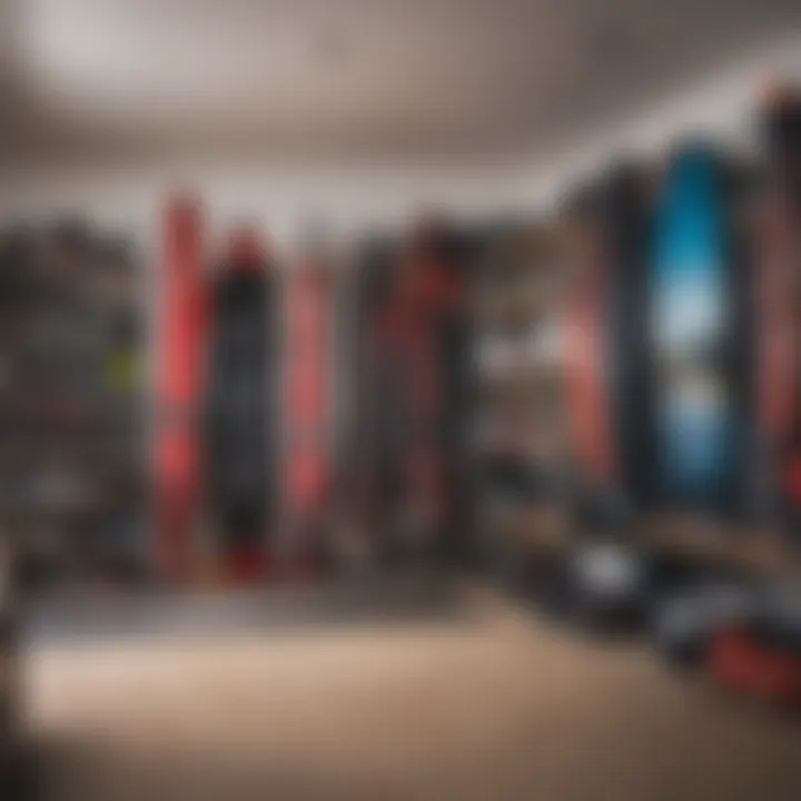 A well-organized storage area displaying kiteboarding gear neatly arranged for maintenance.