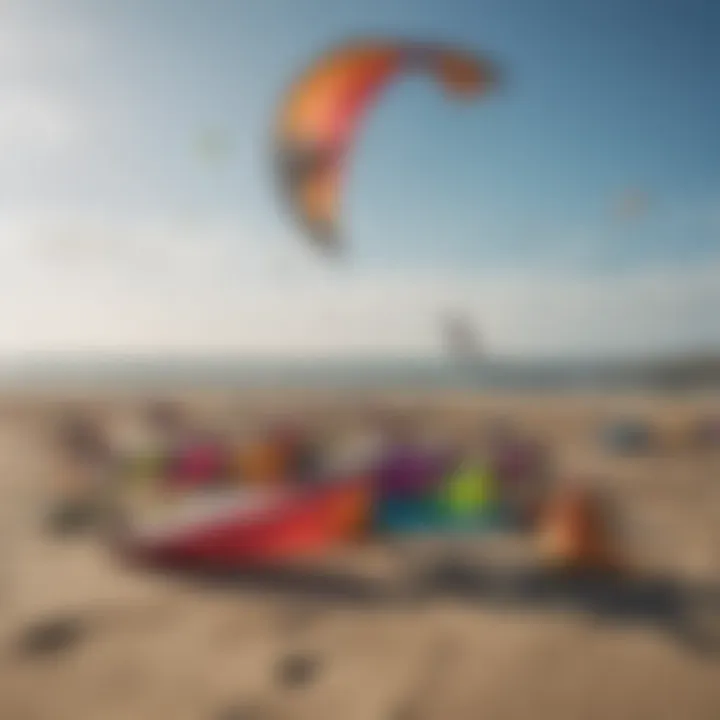 An array of kites of varying sizes and colors laid out on the beach.