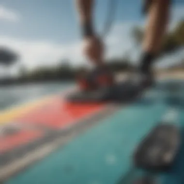 A detailed view of a kiteboard setup showcasing the different components involved.