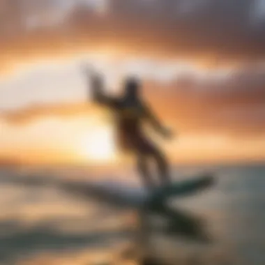 A picturesque view of a kiteboarder in action against a vibrant sunset backdrop.