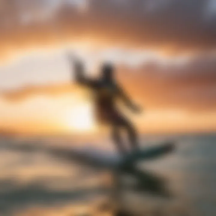 A picturesque view of a kiteboarder in action against a vibrant sunset backdrop.