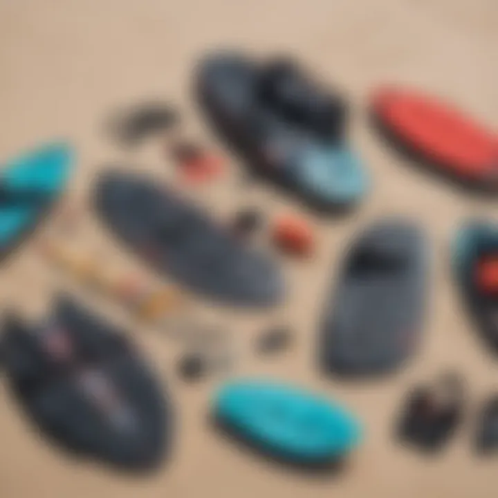 A selection of modern kitesurfing equipment laid out on the beach