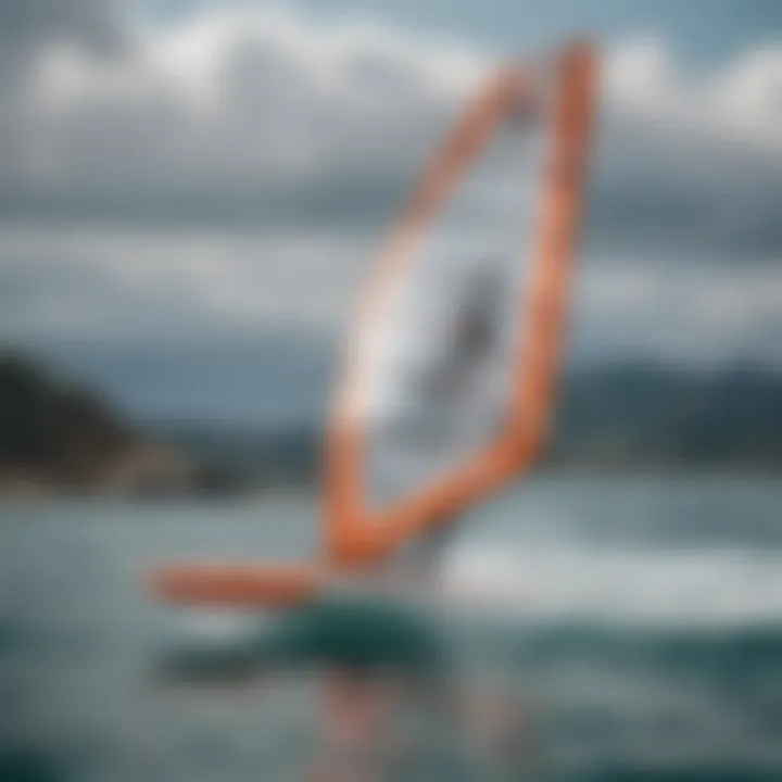 An inflatable windsurf foil board in action on the water, demonstrating its performance capabilities and agility.