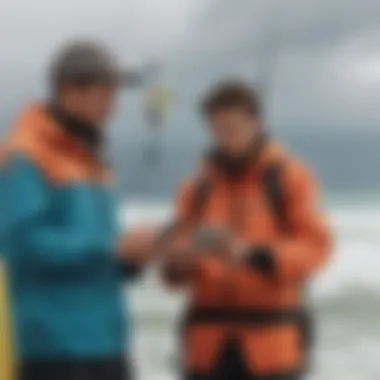 Kiteboarders checking weather forecasts on mobile devices