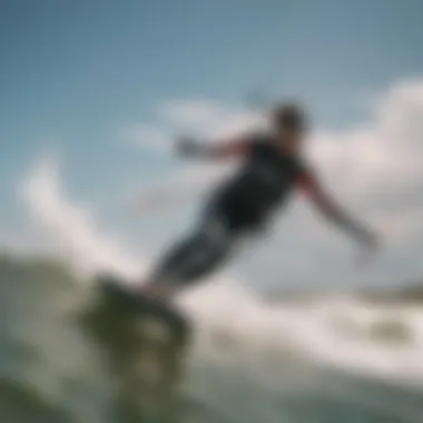 A dynamic kiteboarder navigating the waves on a windy day