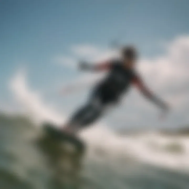 A dynamic kiteboarder navigating the waves on a windy day