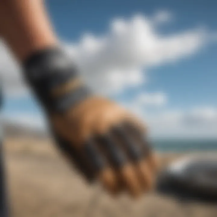 The Dakine Charger Glove in action during a kiteboarding session, demonstrating its flexibility and grip