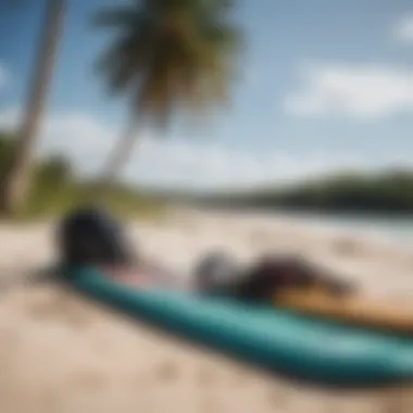 Kiteboarding gear and equipment setup on the beach