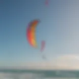 Dynamic kitesurfing scene with vibrant kites in the sky