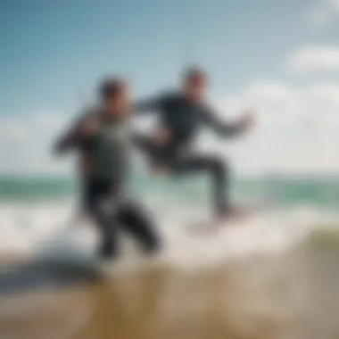 Instructor demonstrating kitesurfing techniques to a novice