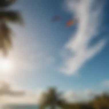 A close-up of a colorful kite soaring high above Coconut Bay, reflecting the vibrant culture of the region.