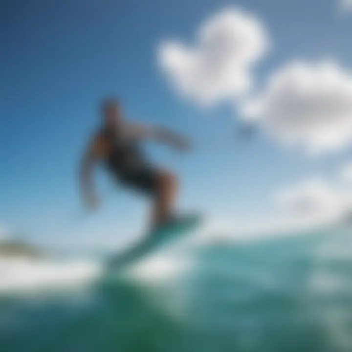 Kiteboarders gliding through the waves under a bright blue sky with gentle winds in Coconut Bay.