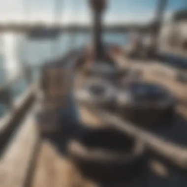 A close-up of sailing gear and equipment on a dock