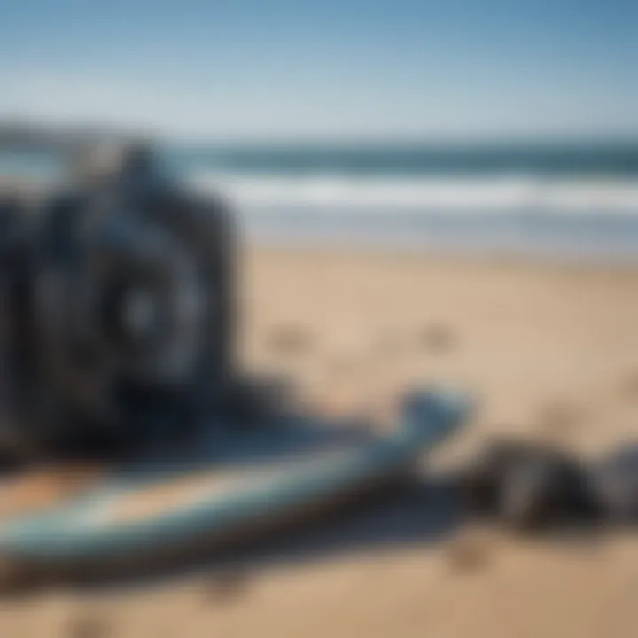 A detailed close-up of boardsports equipment arranged on the beach