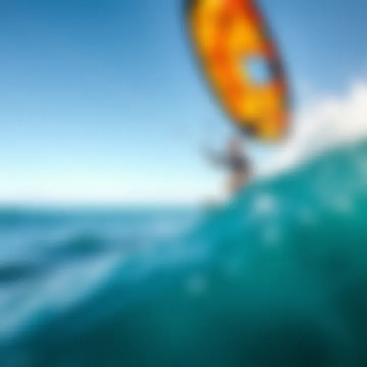 A stunning view of a kiteboarder soaring through the waves