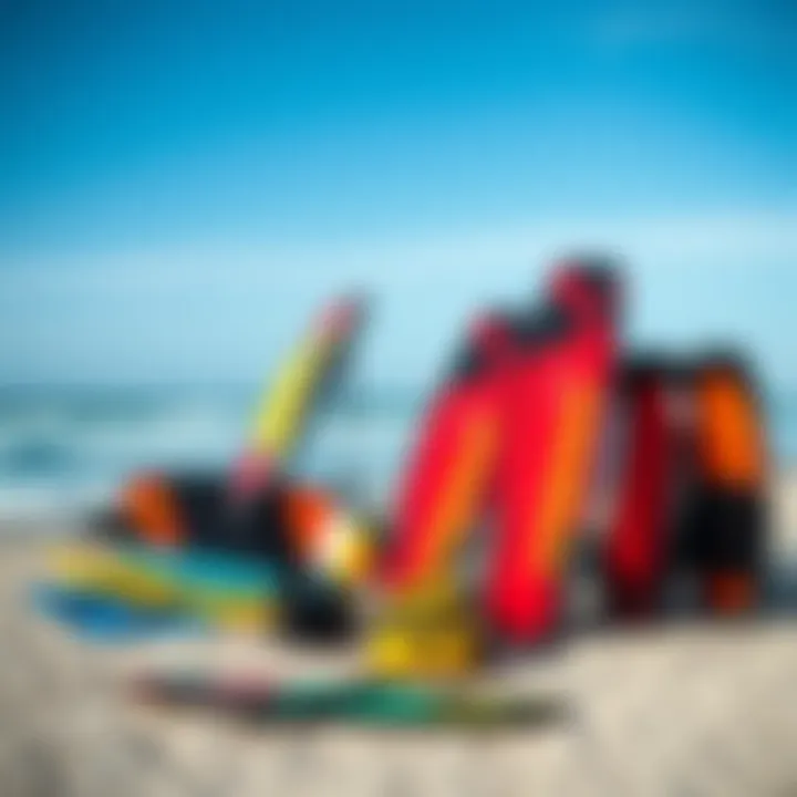 An overview of Cabrinha's product range displayed on the beach, emphasizing variety