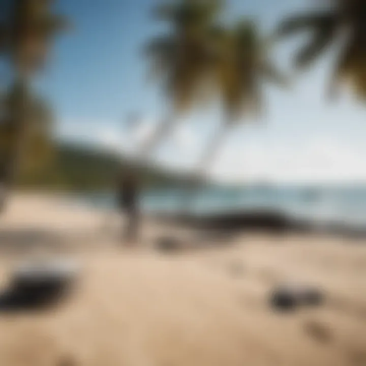 Kiteboarding equipment setup on the sandy beach of Coconut Bay