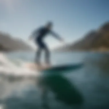 Dynamic electric hydrofoil surfboard gliding over the water