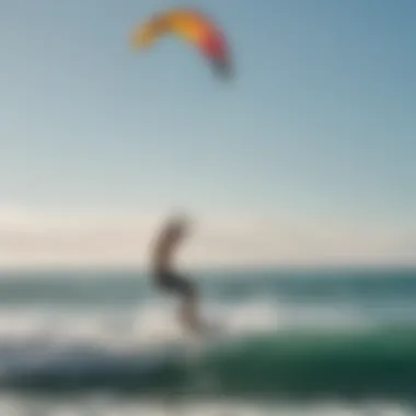 A surfer executing a jump while kite surfing