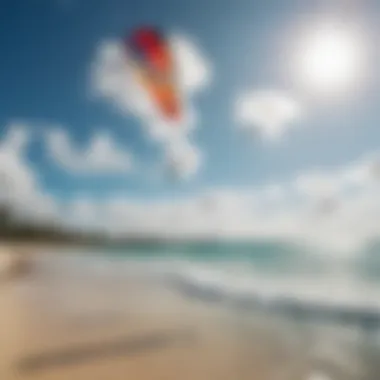 Vibrant kite surfing scene with colorful kites against the blue sky