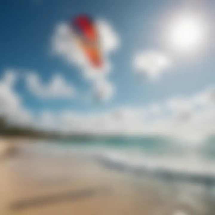 Vibrant kite surfing scene with colorful kites against the blue sky