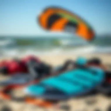 Essential kite surfing gear laid out on the beach