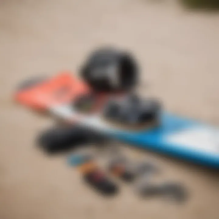 Close-up of kiteboarding gear laid out on the beach