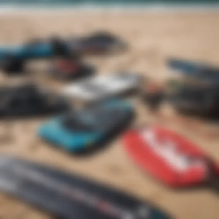 An array of essential kiteboarding gear laid out on a sandy beach, including boards and kites.