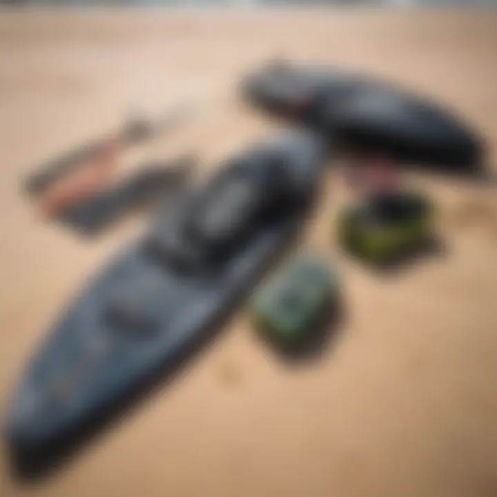 Close-up of essential kitesurfing gear laid out on the sand