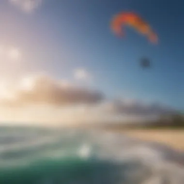 A panoramic view of a popular kitesurfing beach with colorful kites soaring in the sky