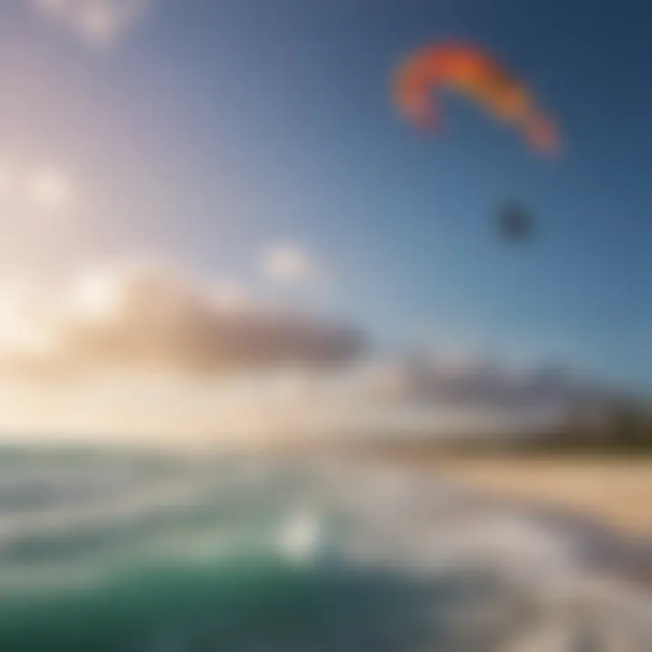 A panoramic view of a popular kitesurfing beach with colorful kites soaring in the sky