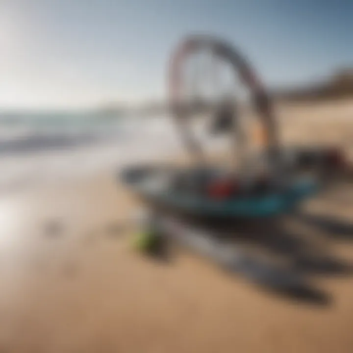 A collection of kitesurfing gear laid out on the sandy beach.