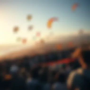 An aerial view of a kiteboarding community event focused on mega kiting.