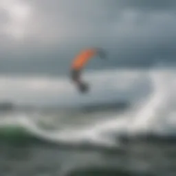 Kiteboarder navigating strong winds on the water