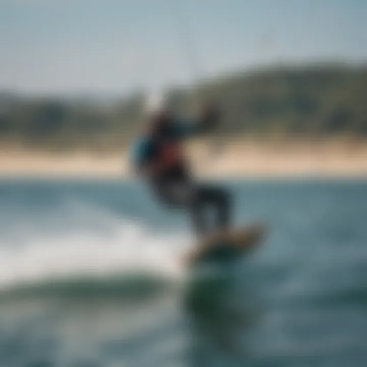 A vibrant kiteboarding scene with a rider using a prone foil board, illustrating the excitement of the sport.