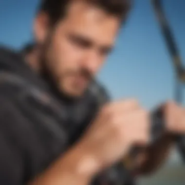 A kiteboarding enthusiast inspecting slingshot straps for quality.