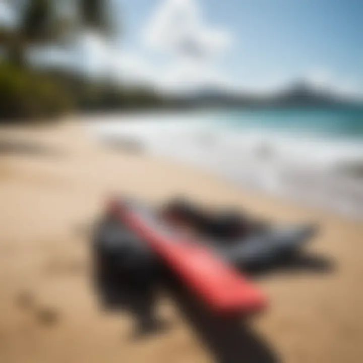 Kiteboarding equipment laid out on the beach