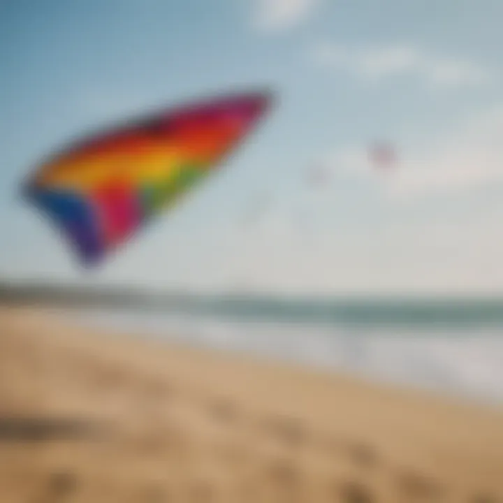 Diverse styles of large kites displayed on the beach