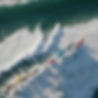 Dynamic Interplay: Foiling Surfing Event from Above An aerial view of a foiling surfing event, capturing the dynamic interplay between surfers and the ocean.