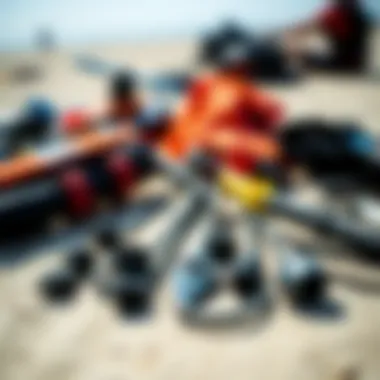 Close-up of kite surfing equipment laid out