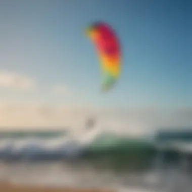 A kitesurfer expertly navigating through the waves with a colorful kite