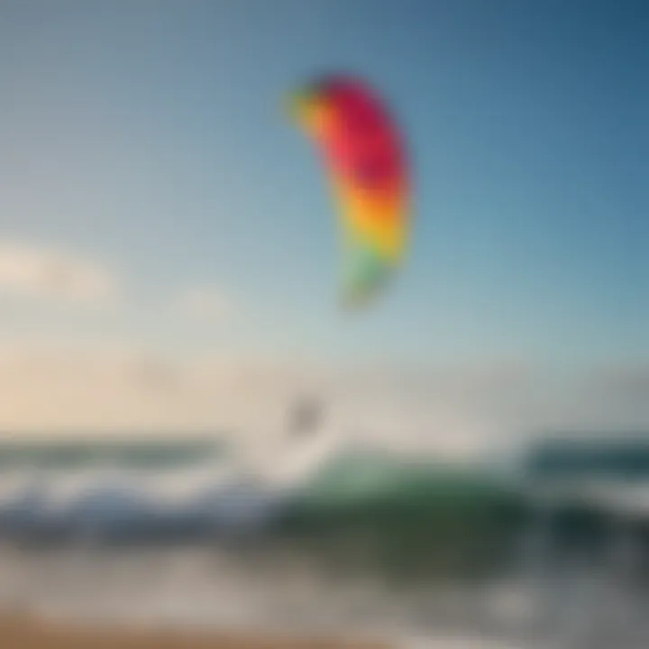 A kitesurfer expertly navigating through the waves with a colorful kite