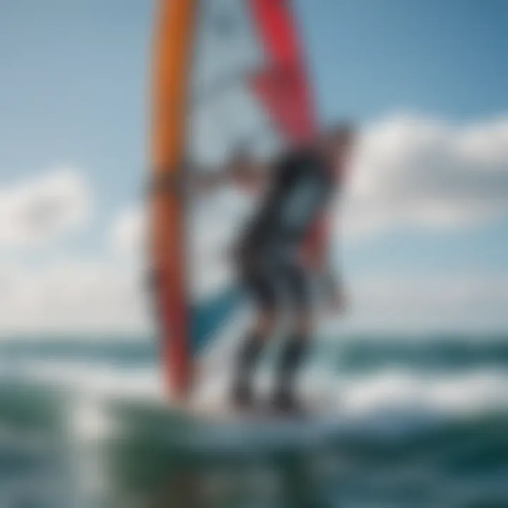 Close-up of windsurfing gear showcasing the sail and board mechanics